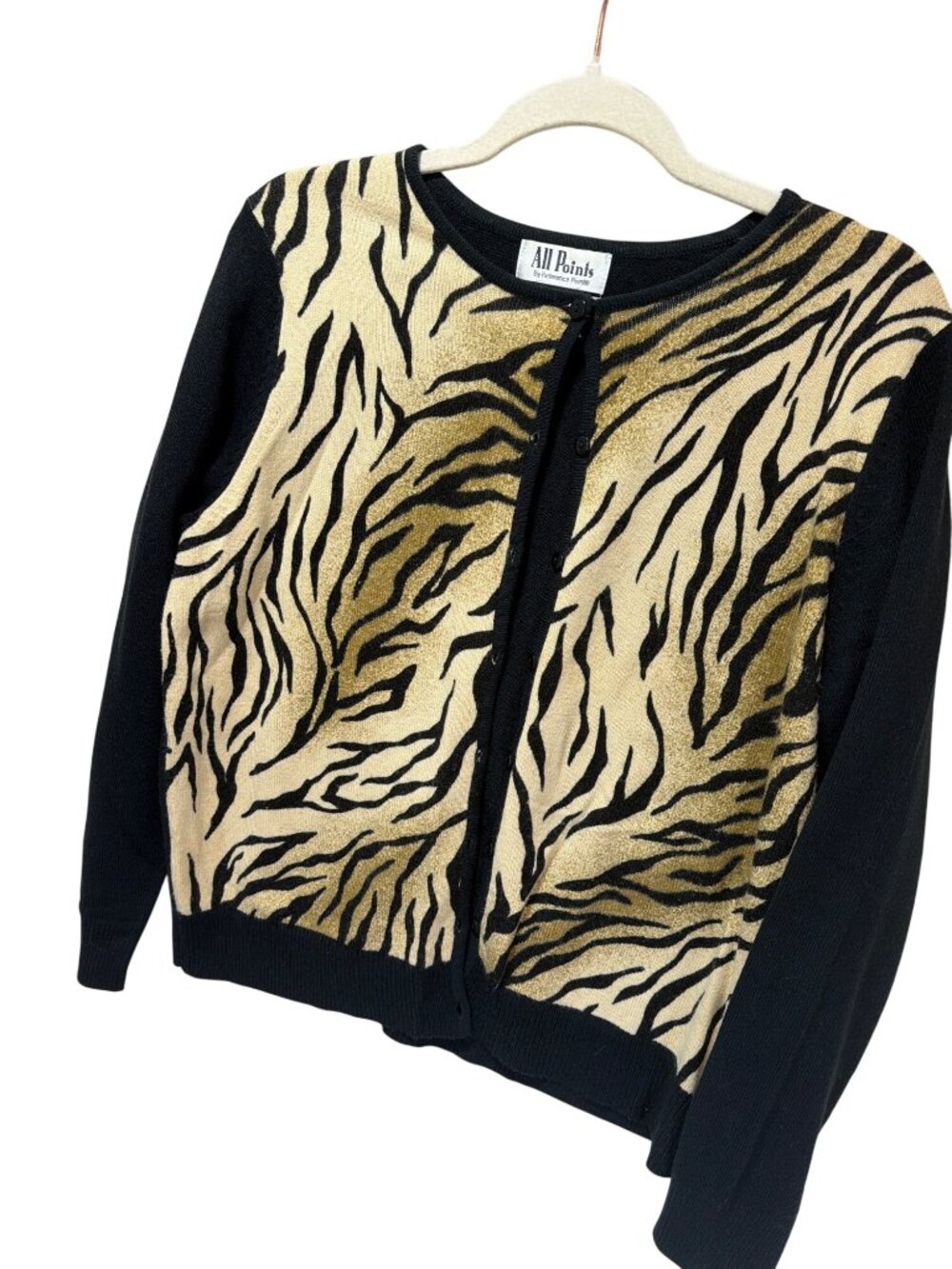 All Points Vintage 90s Black & Gold Zebra Print Button-Up Sweater Size Medium